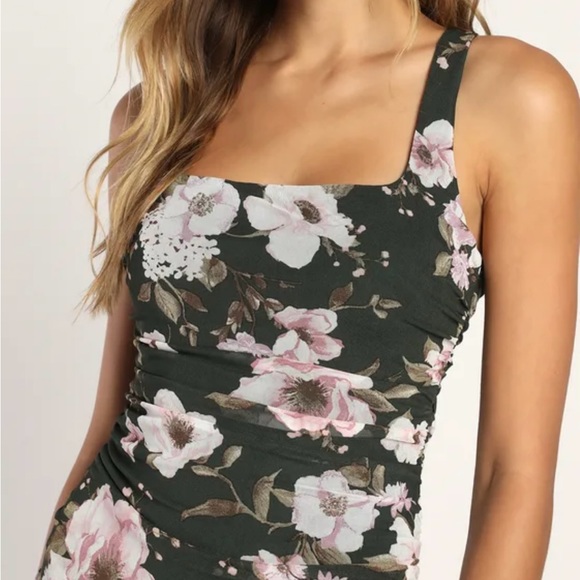 olive green Floral Mesh Ruched Bodycon Midi Dress - Picture 8 of 8